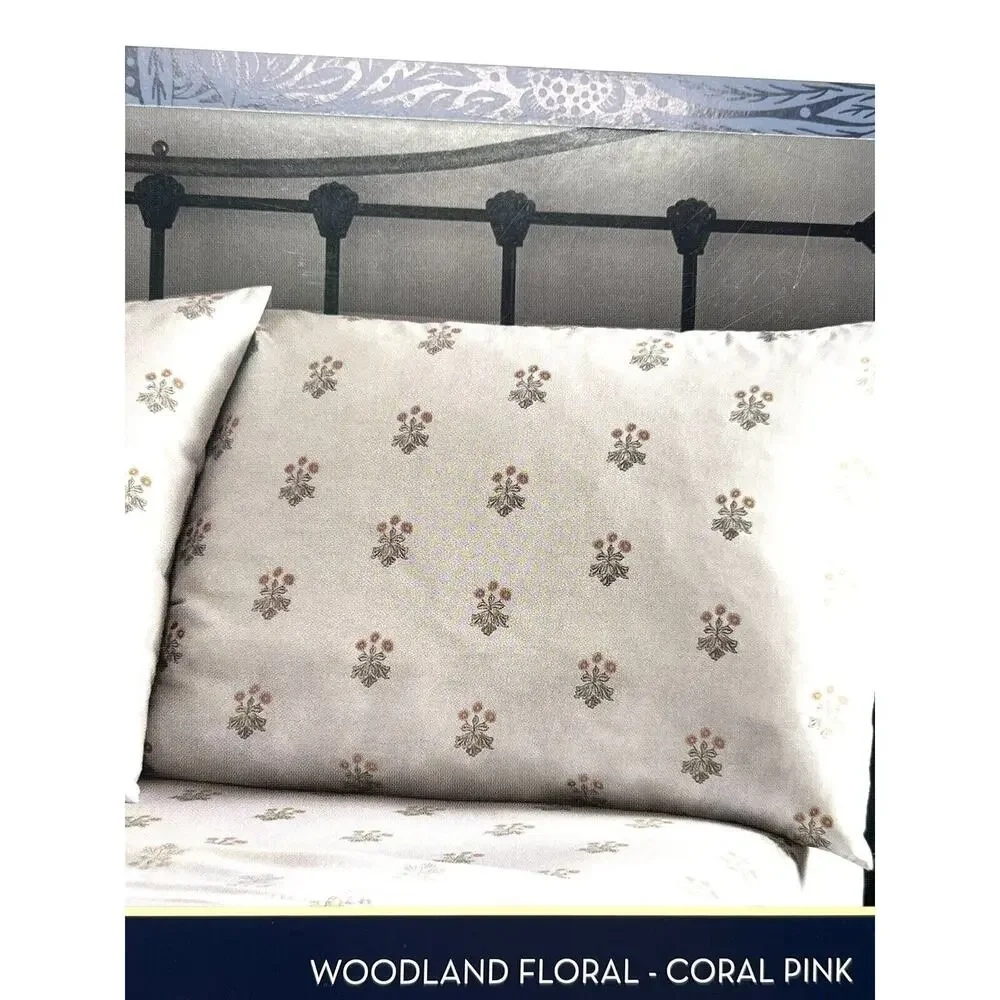 WILLIAM MORRIS Woodland Coral KING Pillowcases 2 Cotton Percale NIP